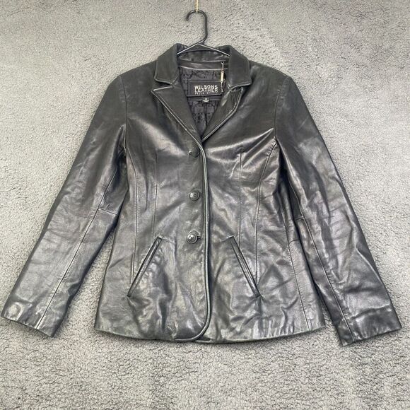 90s Y2K Wilson Italian Leather Jacket Pelle Studio Lined Black Coat Size Small - Picture 1 of 12